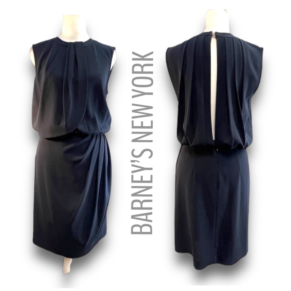 BARNEYS NEW YORK L’AGENCE deep navy ruched with pleated open back sheath dress 2